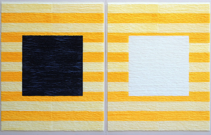 Fernando Daza | Díptico. Cuadrados negro y blanco sobre fondo rayado amarillo