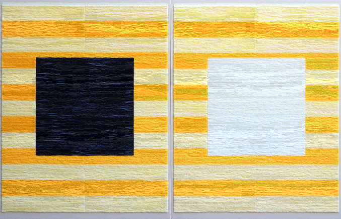 Fernando Daza | Díptico. Cuadrados negro y blanco sobre fondo rayado amarillo Fernando Daza | Díptico. Cuadrados negro y blanco sobre fondo rayado amarillo