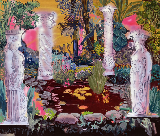 Alejandra Atarés | Jardín con columnas y estatuas blancas